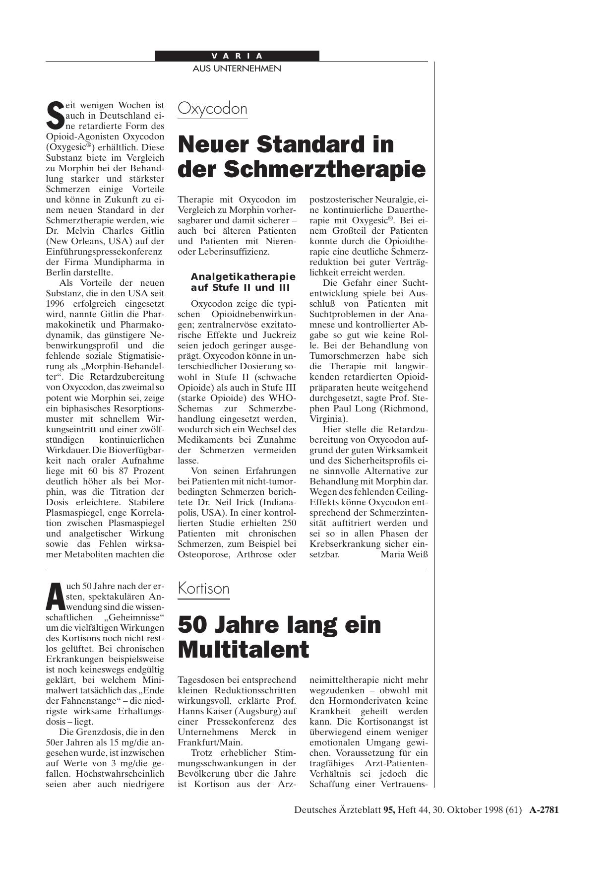 Vorschauseite 1: Oxycodon: Neuer Standard in der Schmerztherapie