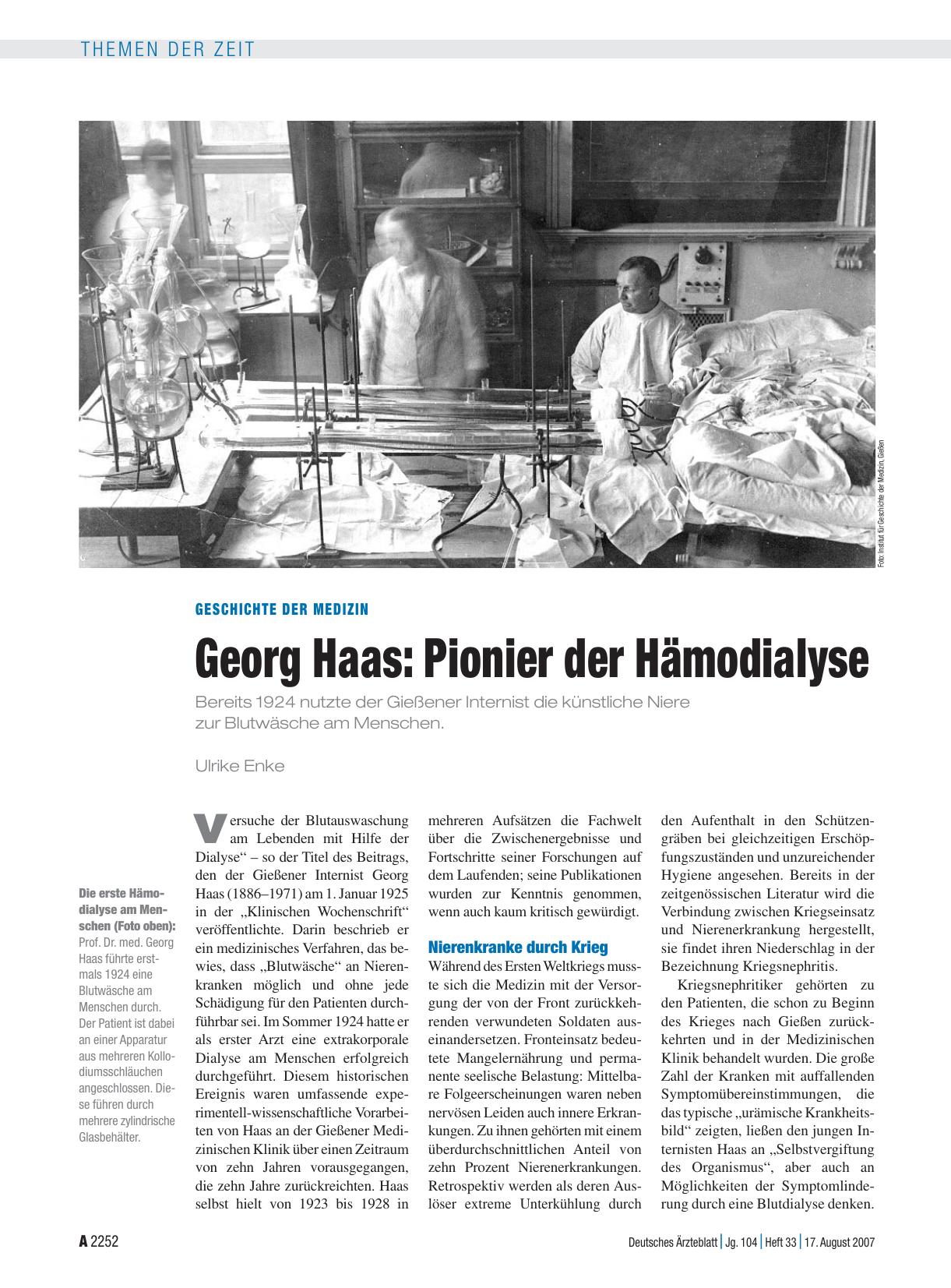 Vorschauseite 1: Geschichte der Medizin: Georg Haas – Pionier der Hämodialyse