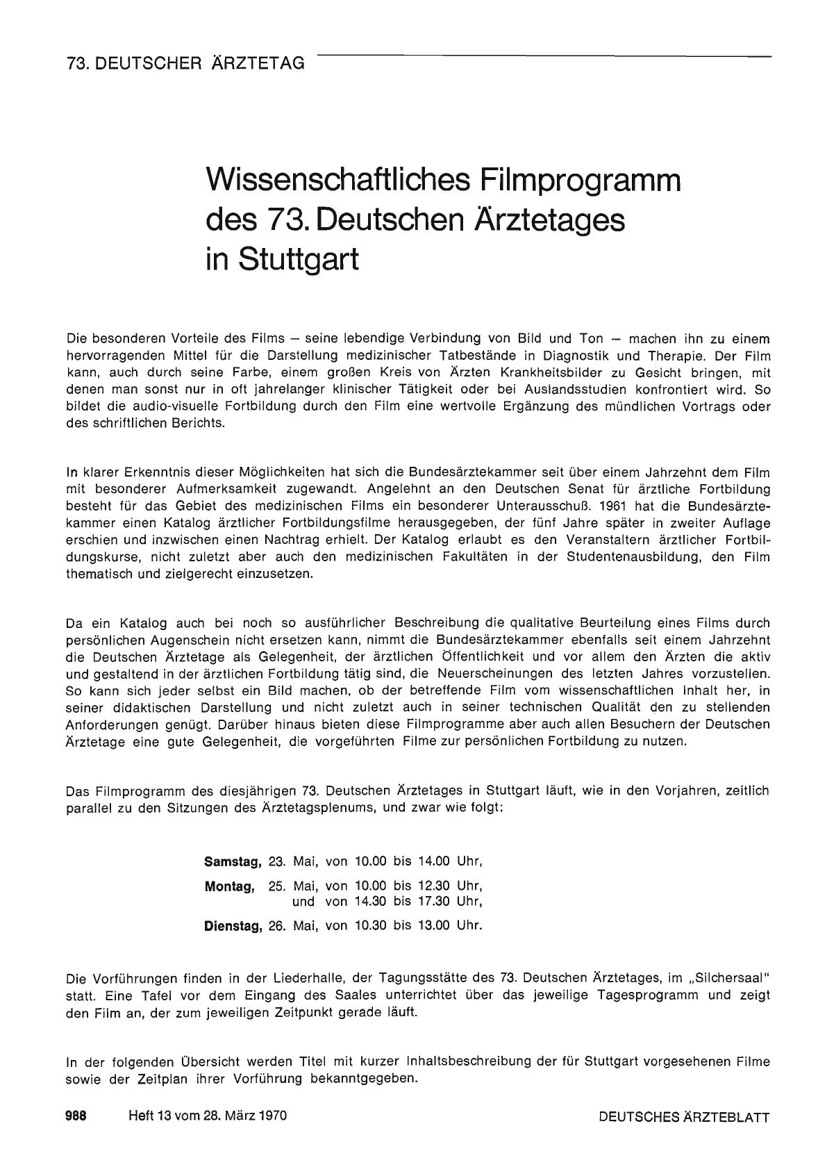 Vorschauseite 1: Wissenschaftliches Filmprogramm des 73. Deutschen Ärztetages in Stuttgart
