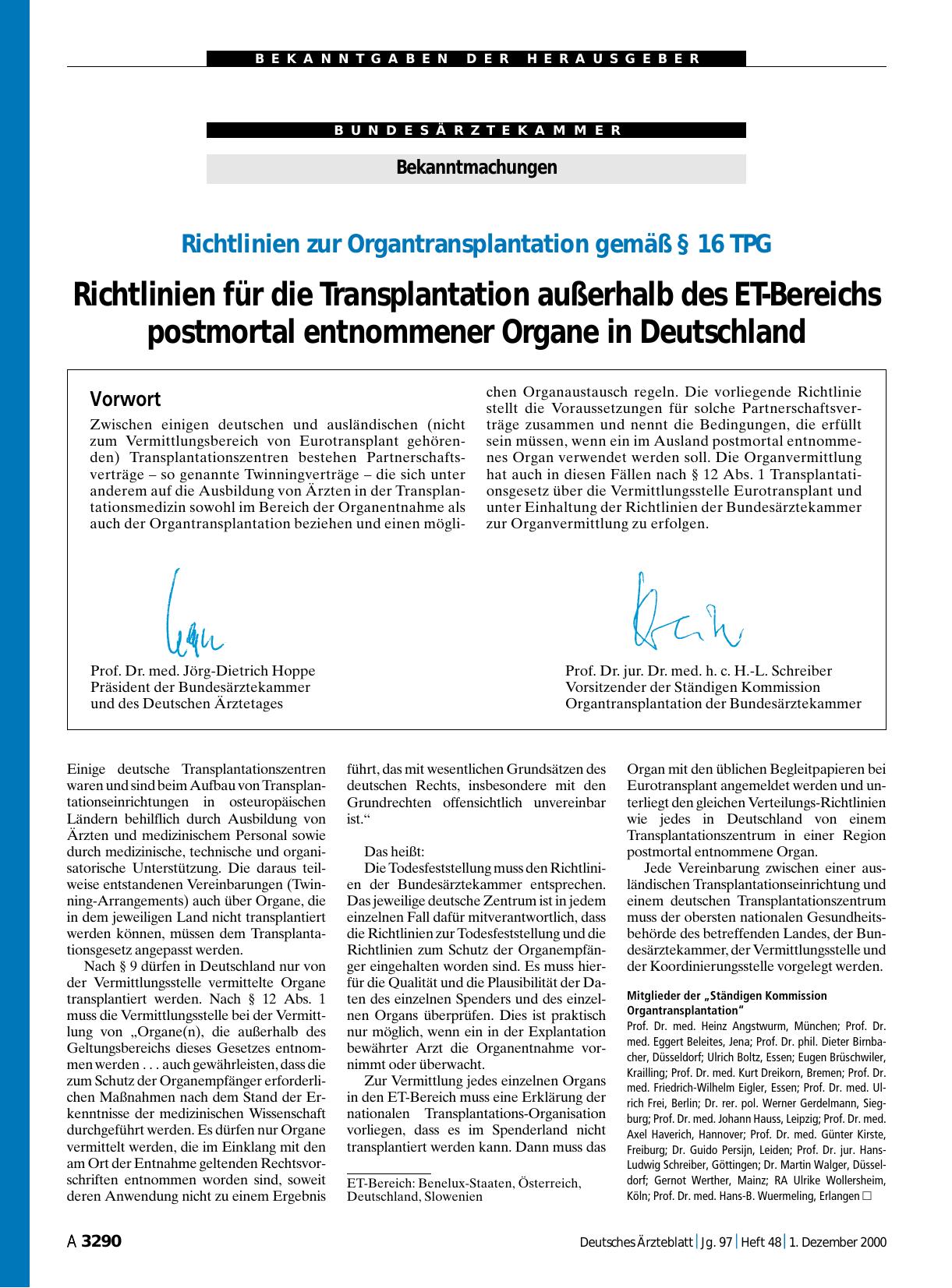 Vorschauseite 1: Bekanntmachungen: Richtlinien zur Organtransplantation gemäß § 16 TPG