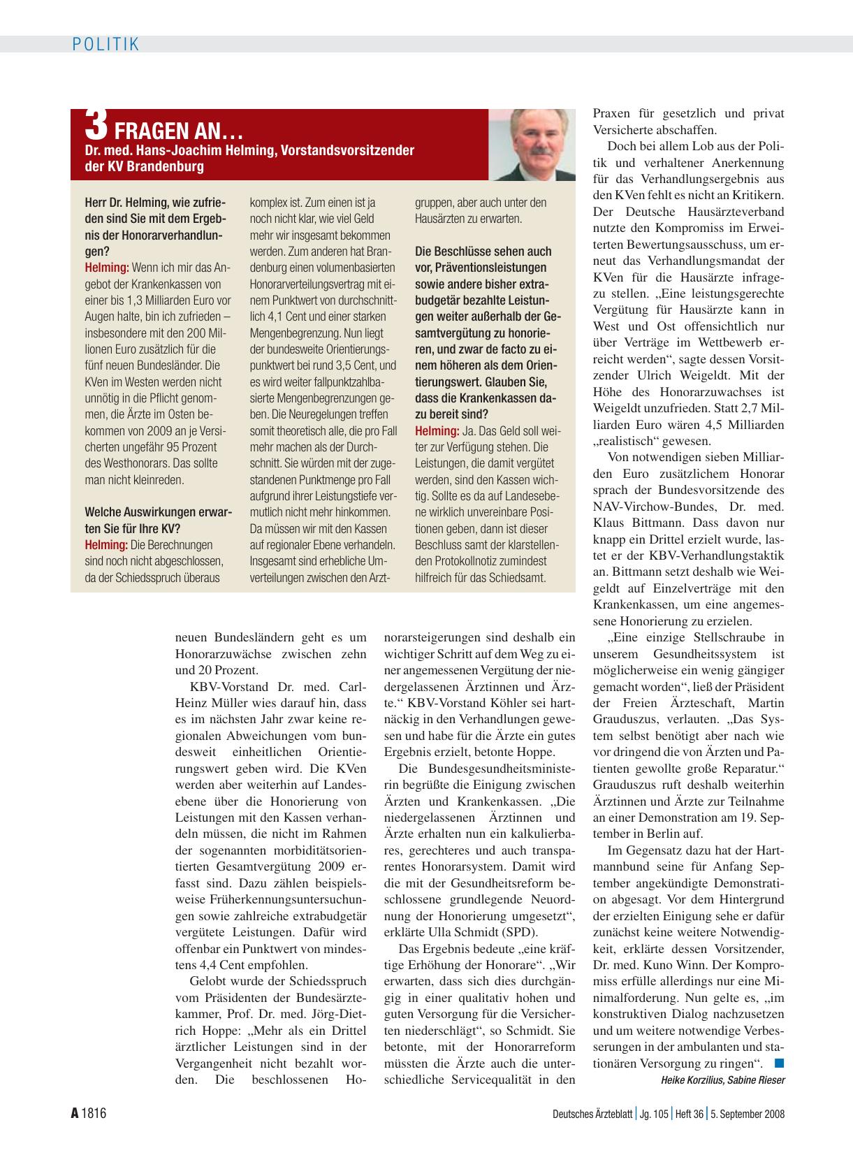 Vorschauseite 1: 3 Fragen an… Dr. med. Hans-Joachim Helming, Vorstandsvorsitzender der KV Brandenburg