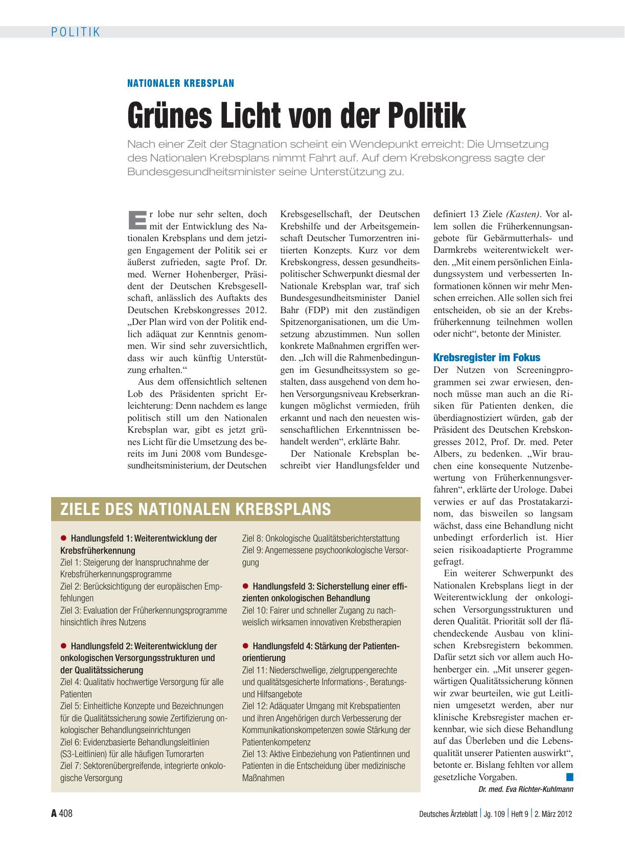 Vorschauseite 1: Nationaler Krebsplan: Grünes Licht von der Politik