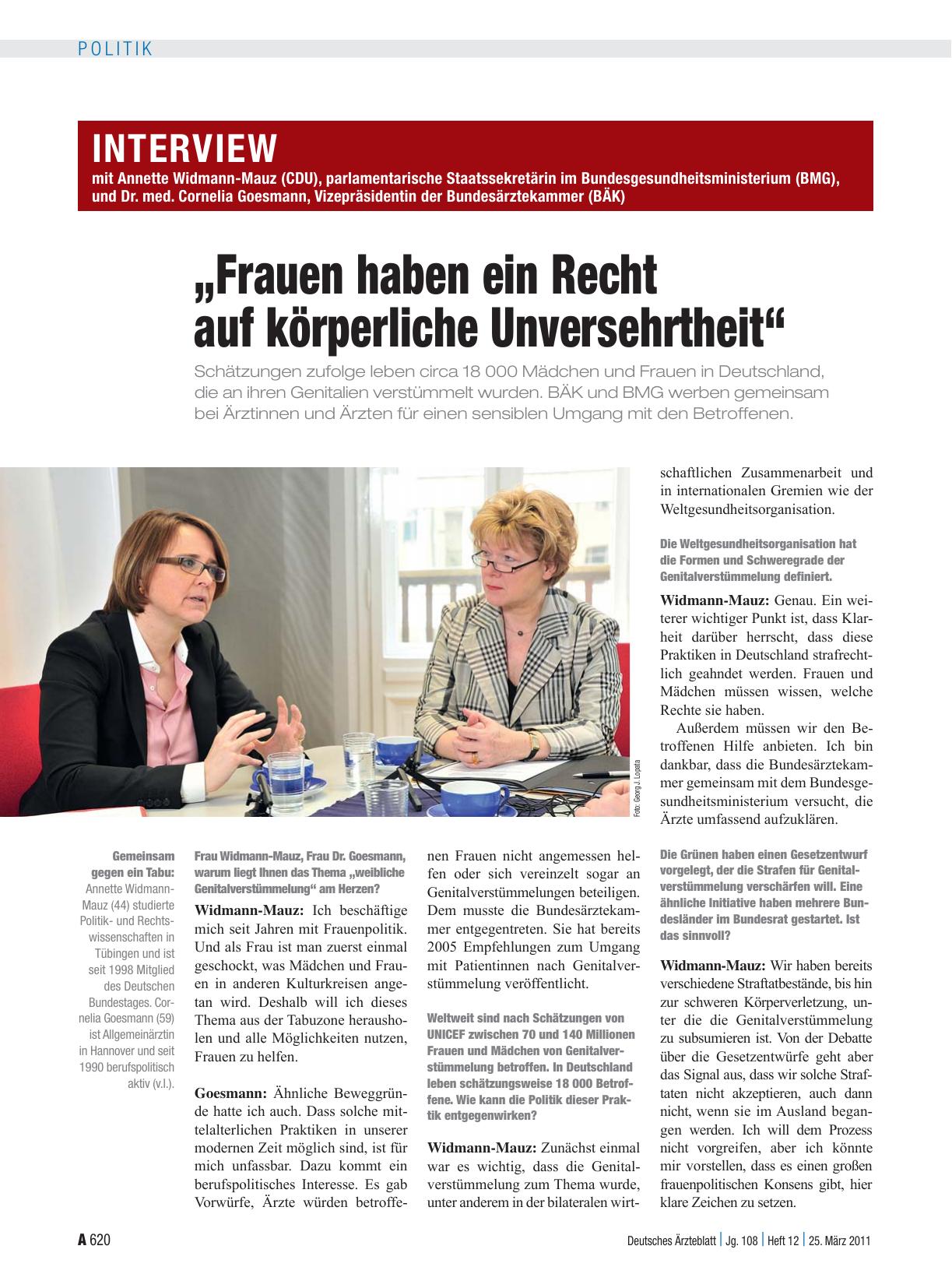 Vorschauseite 1: Interview mit Annette Widmann-Mauz (CDU), parlamentarische Staatssekretärin im Bundesgesundheitsministerium (BMG), und Dr. med. Cornelia Goesmann, Vizepräsidentin der Bundesärztek…