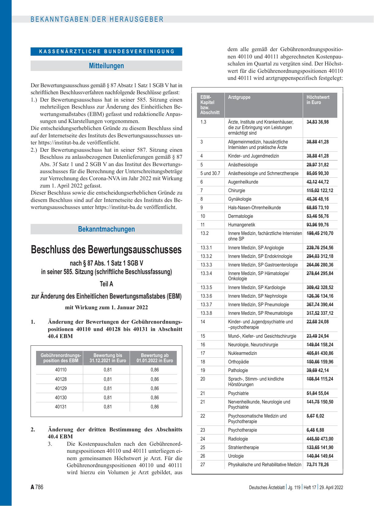 Vorschauseite 1: Beschluss des Bewertungsausschusses nach § 87 Abs. 1 Satz 1 SGB V in seiner 585. Sitzung (schriftliche Beschlussfassung): Teil A, Teil B, Teil C, Teil D, Teil E zur Änderung des E…