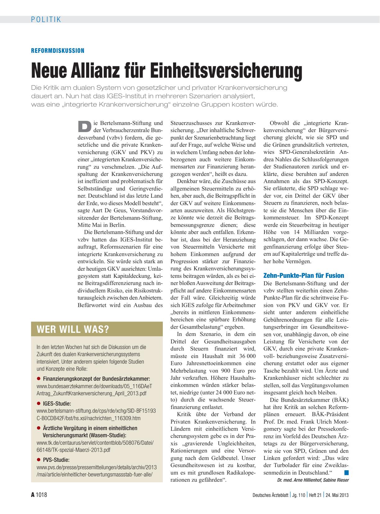 Vorschauseite 1: Reformdiskussion: Neue Allianz für Einheitsversicherung