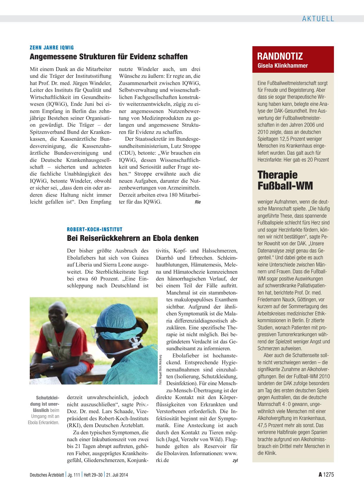Vorschauseite 1: Robert-Koch-Institut: Bei Reiserückkehrern an Ebola denken