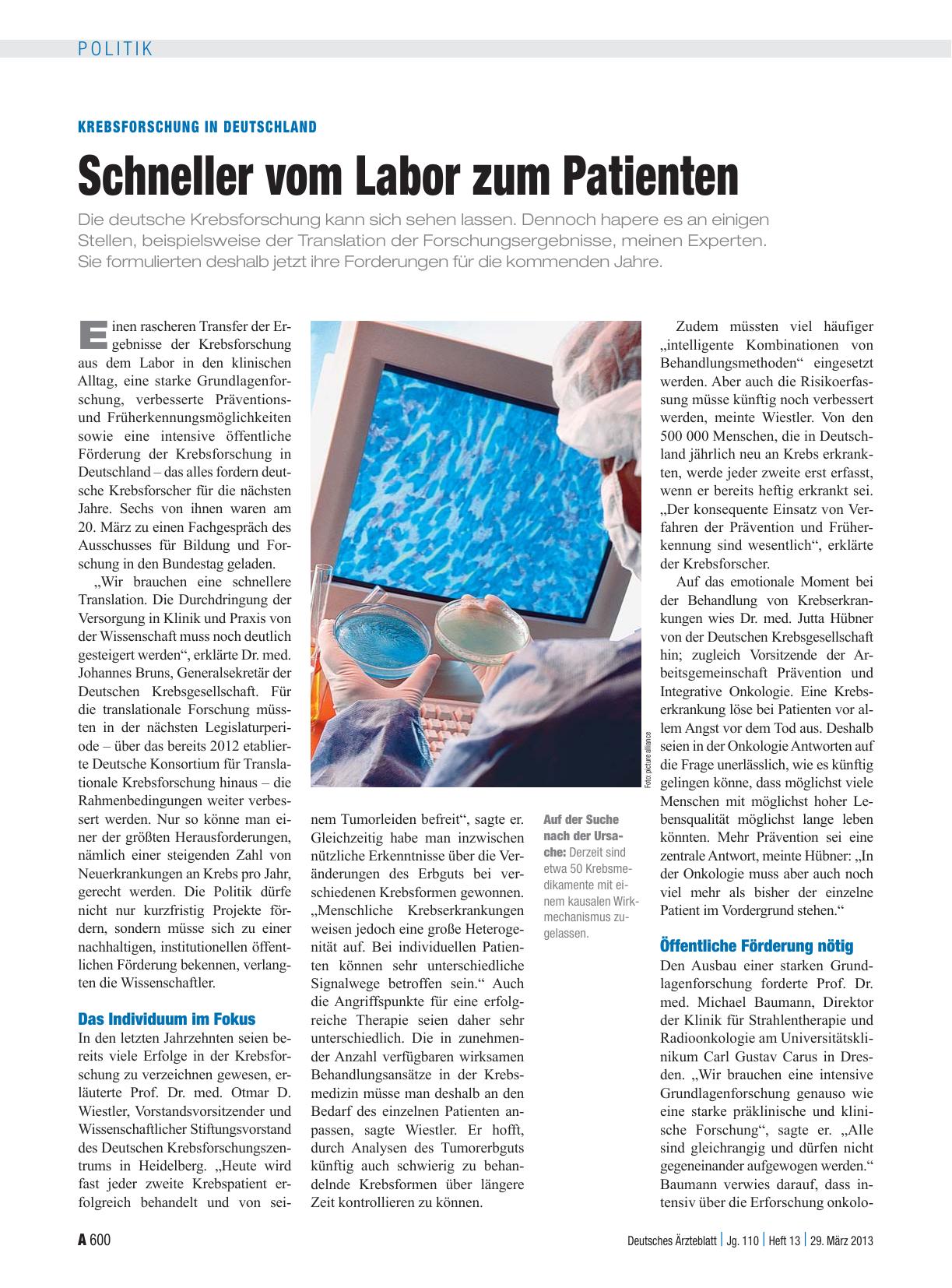 Vorschauseite 1: Krebsforschung in Deutschland: Schneller vom Labor zum Patienten