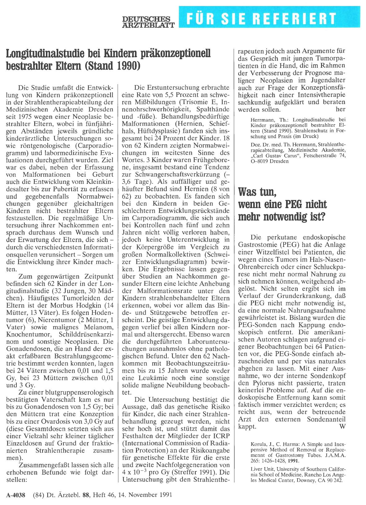 Vorschauseite 1: Longitudinalstudie bei Kindern präkonzeptionell bestrahlter Eltern (Stand 1990)