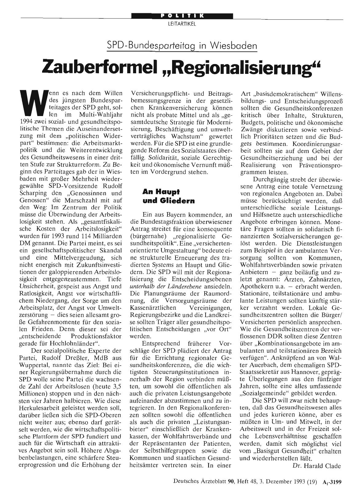 Vorschauseite 1: SPD-Bundesparteitag in Wiesbaden: Zauberformel „Regionalisierung“