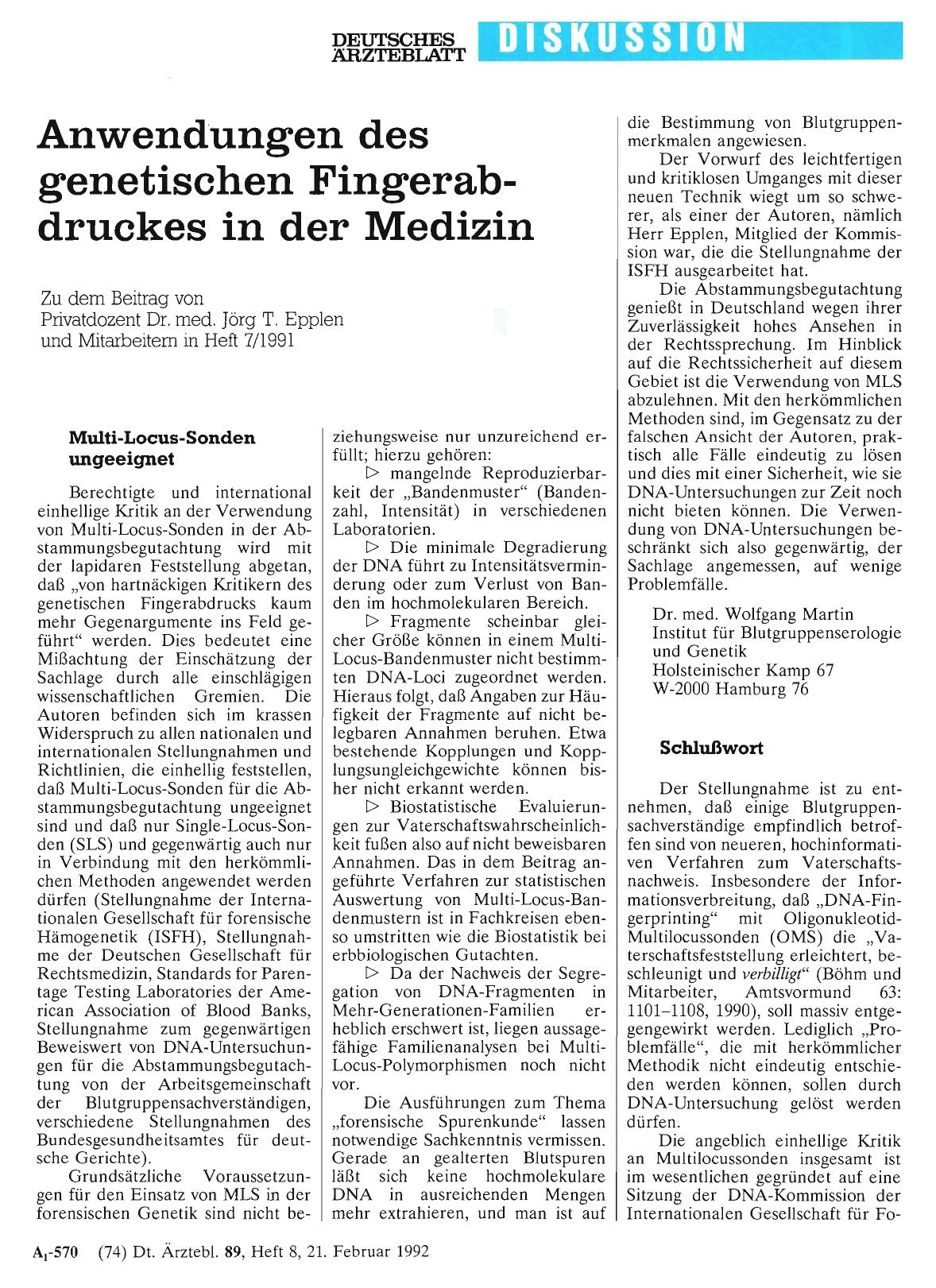 Vorschauseite 1: Anwendungen des genetischen Fingerabdruckes in der Medizin: Schlußwort
