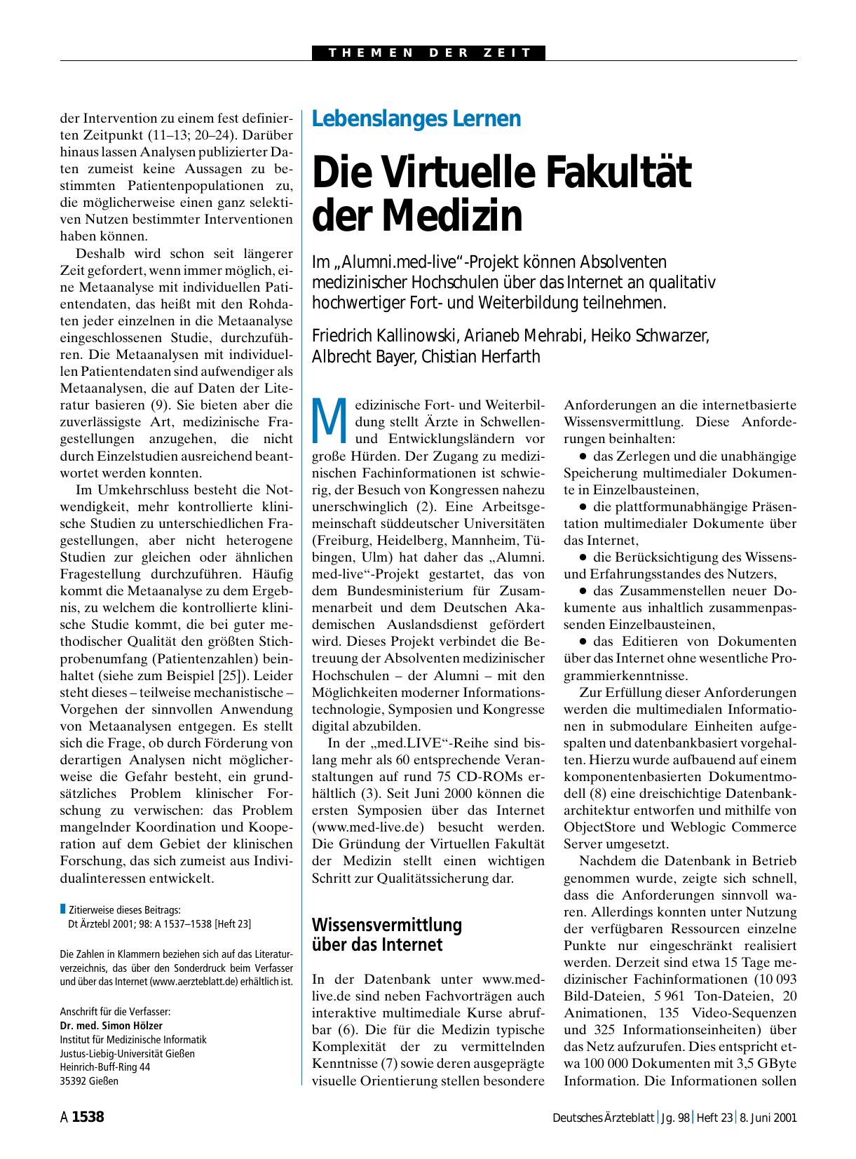 Vorschauseite 1: Lebenslanges Lernen: Die Virtuelle Fakultät der Medizin