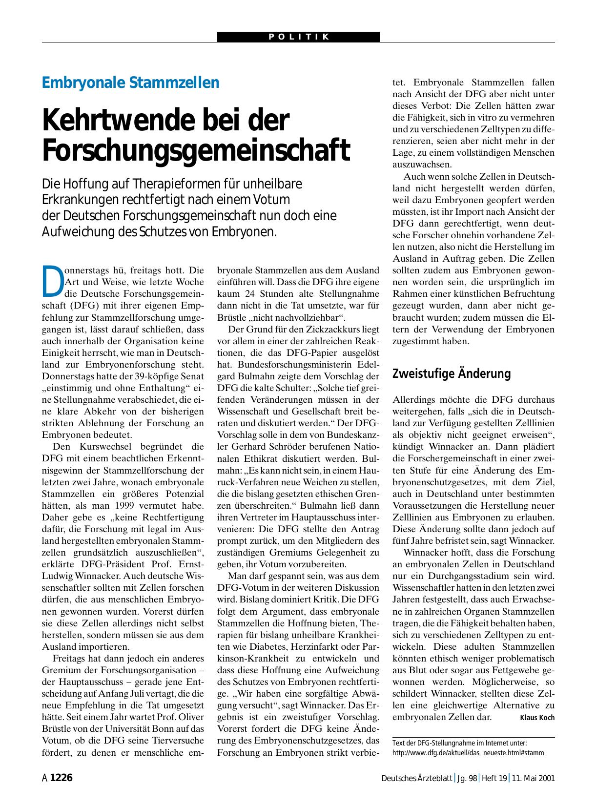 Vorschauseite 1: Embryonale Stammzellen: Kehrtwende bei der Forschungsgemeinschaft