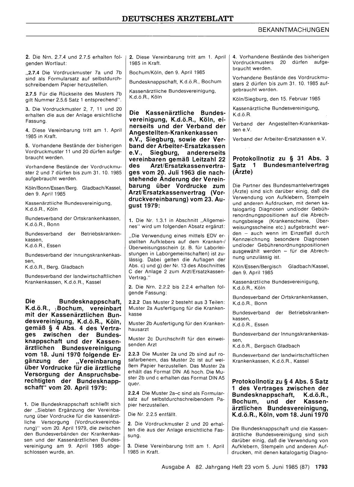 Vorschauseite 1: Vereinbarung über Vordrucke für die ärztliche Versorgung der Anspruchsberechtigten der Bundesknappschaft“ vom 20. April 1979