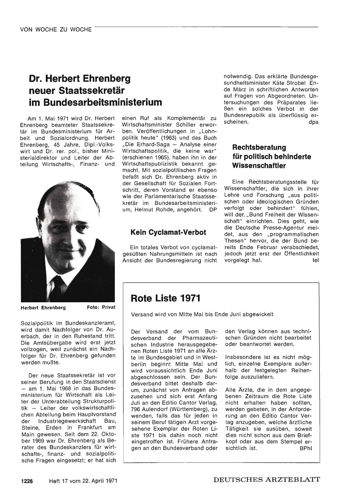 Vorschauseite 1: Dr. Herbert Ehrenberg neuer Staatssekretär im Bundesarbeitsministerium