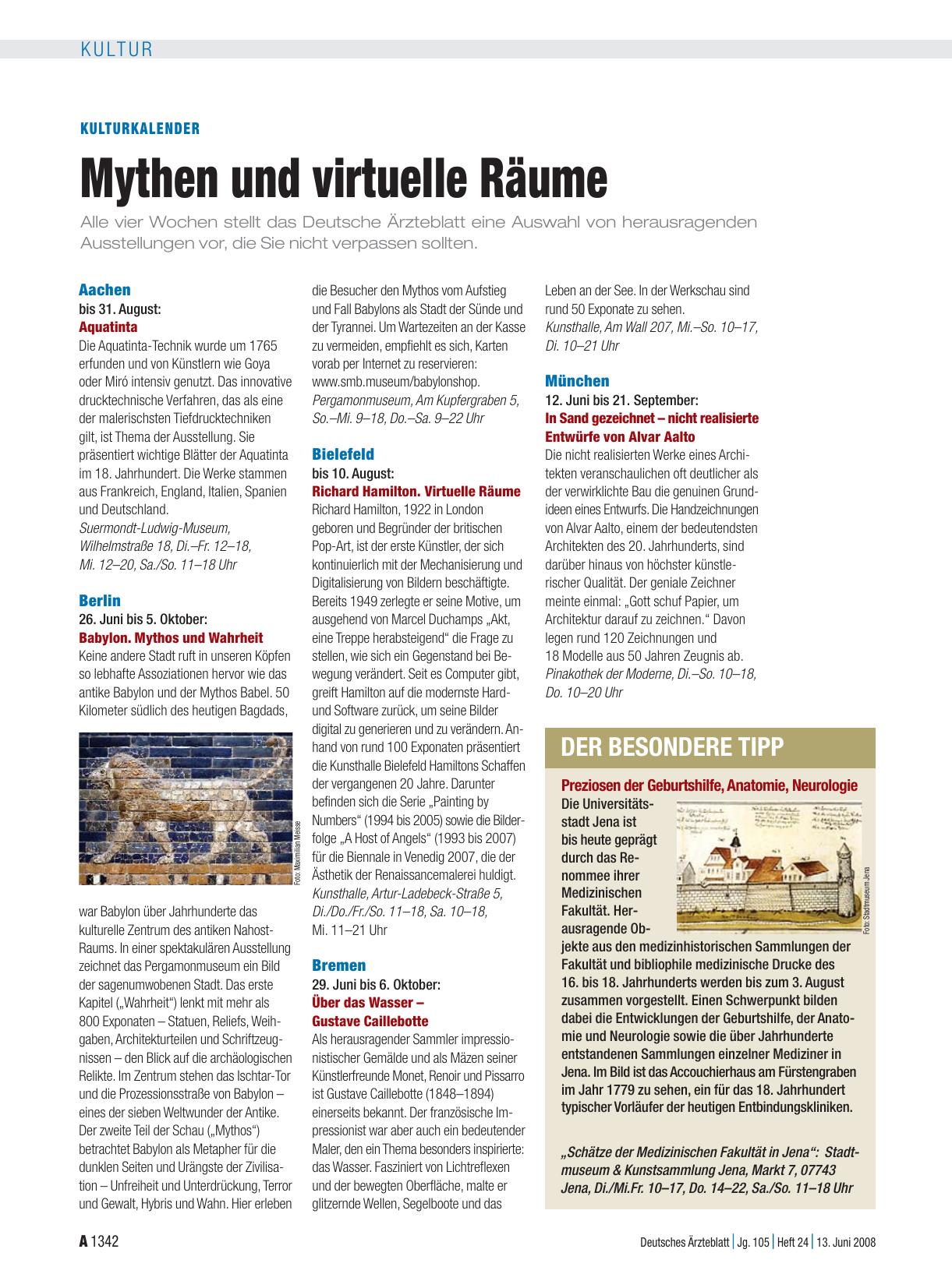 Vorschauseite 1: Kulturkalender: Mythen und virtuelle Räume
