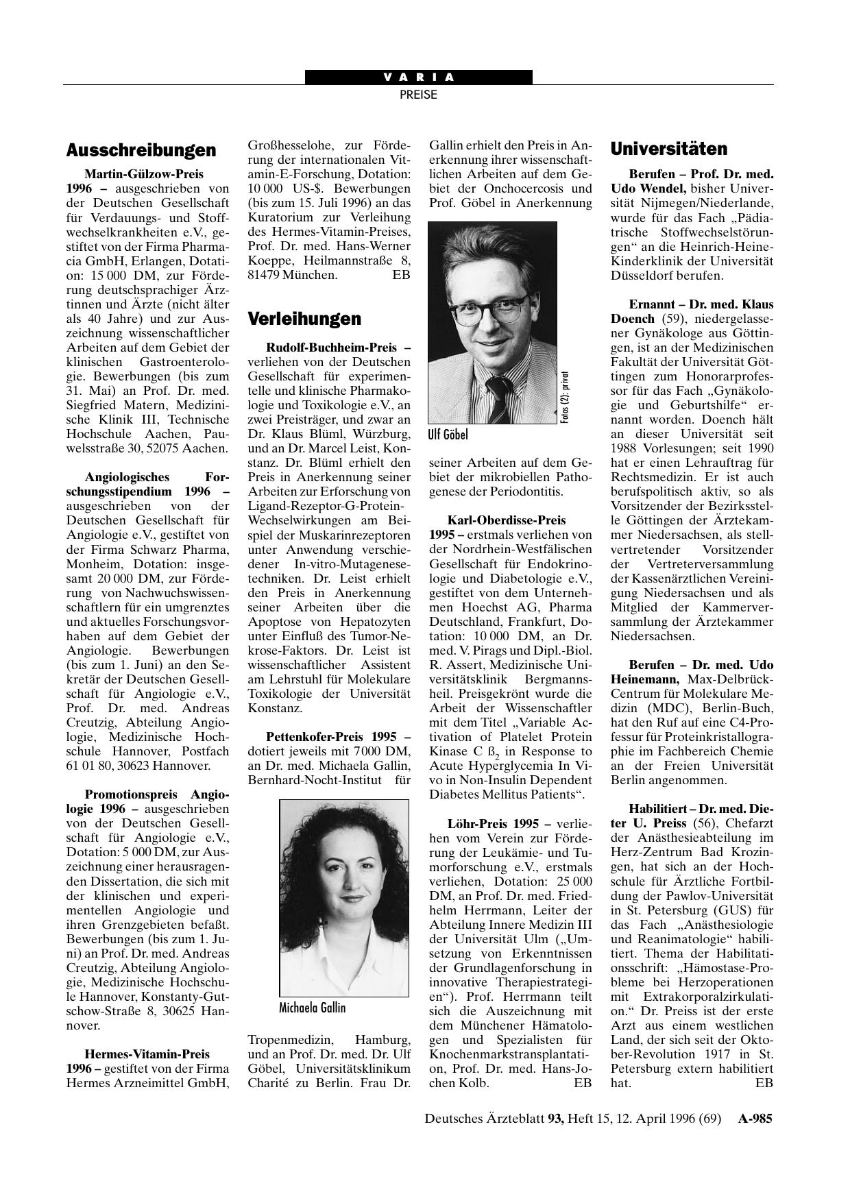 Vorschauseite 1: Verleihungen