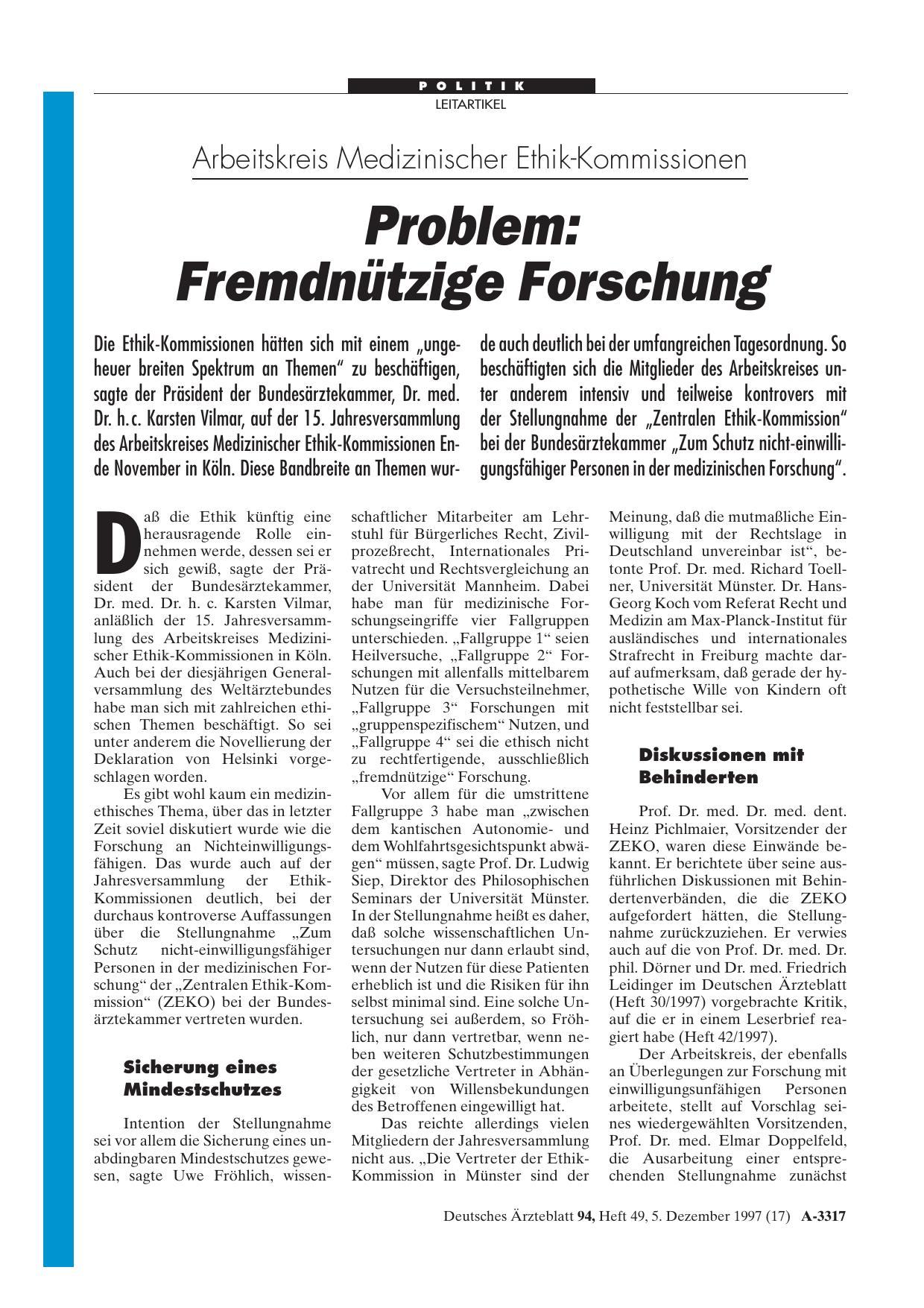 Vorschauseite 1: Arbeitskreis Medizinischer Ethik-Kommissionen – Problem: Fremdnützige Forschung
