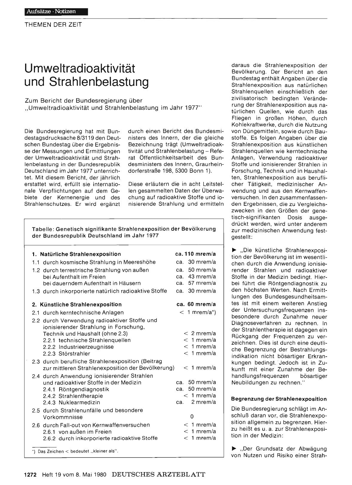 Vorschauseite 1: Umweltradioaktivität und Strahlenbelastung: Zum Bericht der Bundesregierung über „Umweltradioaktivität und Strahlenbelastung im Jahr 1977“