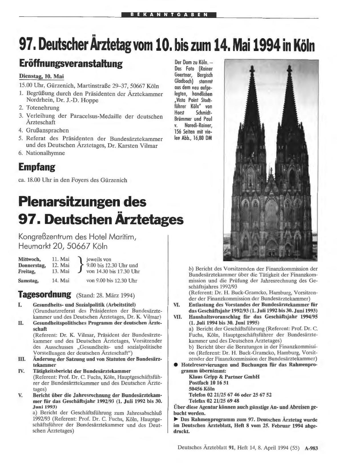 Vorschauseite 1: 97. Deutscher Ärztetag vom 10. bis zum 14. Mai 1994 in Köln