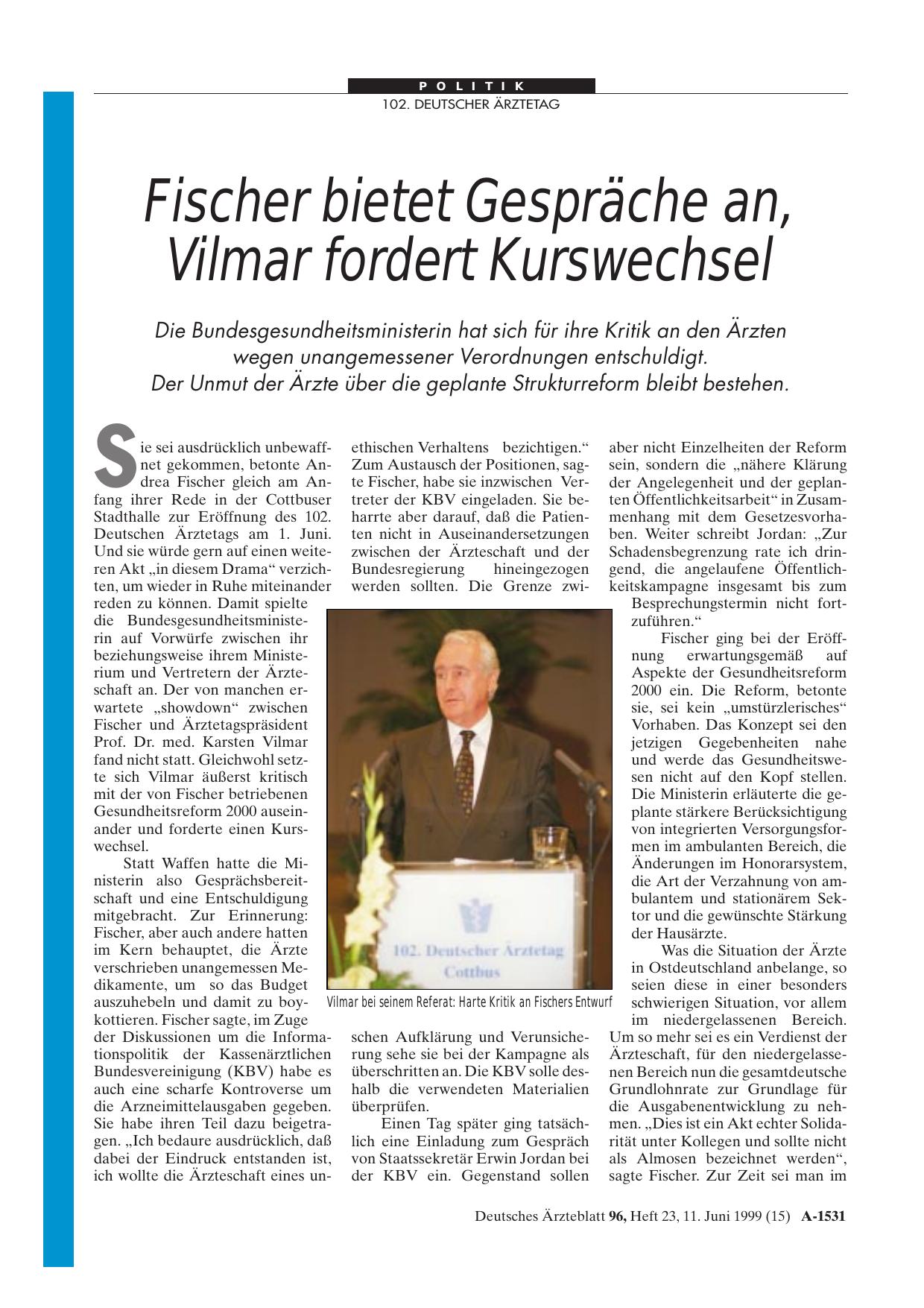 Vorschauseite 1: Fischer bietet Gespräche an, Vilmar fordert Kurswechsel