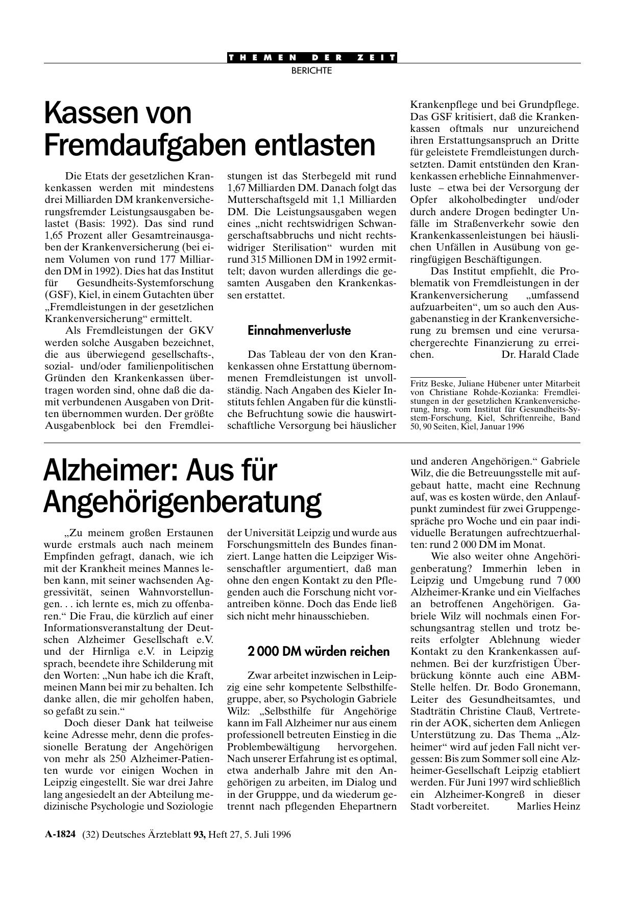 Vorschauseite 1: Alzheimer: Aus für Angehörigenberatung