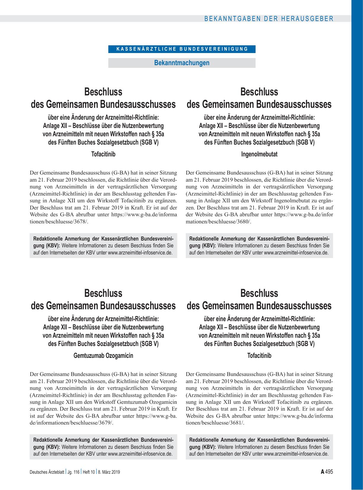 Vorschauseite 1: Beschluss des Gemeinsamen Bundesausschusses über eine Änderung der Arzneimittel-Richtlinie: Anlage XII – Ingenolmebutat