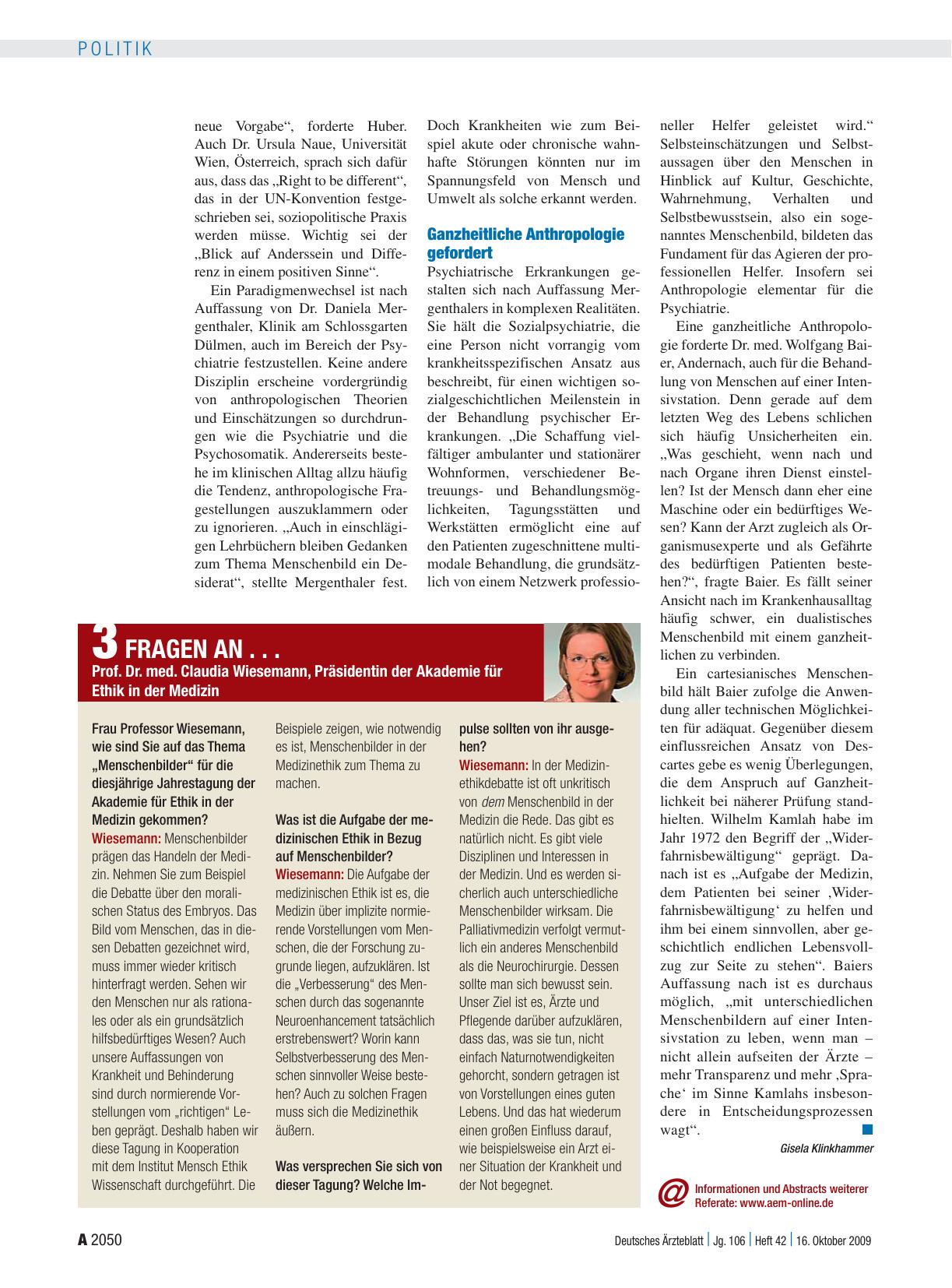 Vorschauseite 1: 3 Fragen an. .. Prof. Dr. med. Claudia Wiesemann, Präsidentin der Akademie für Ethik in der Medizin