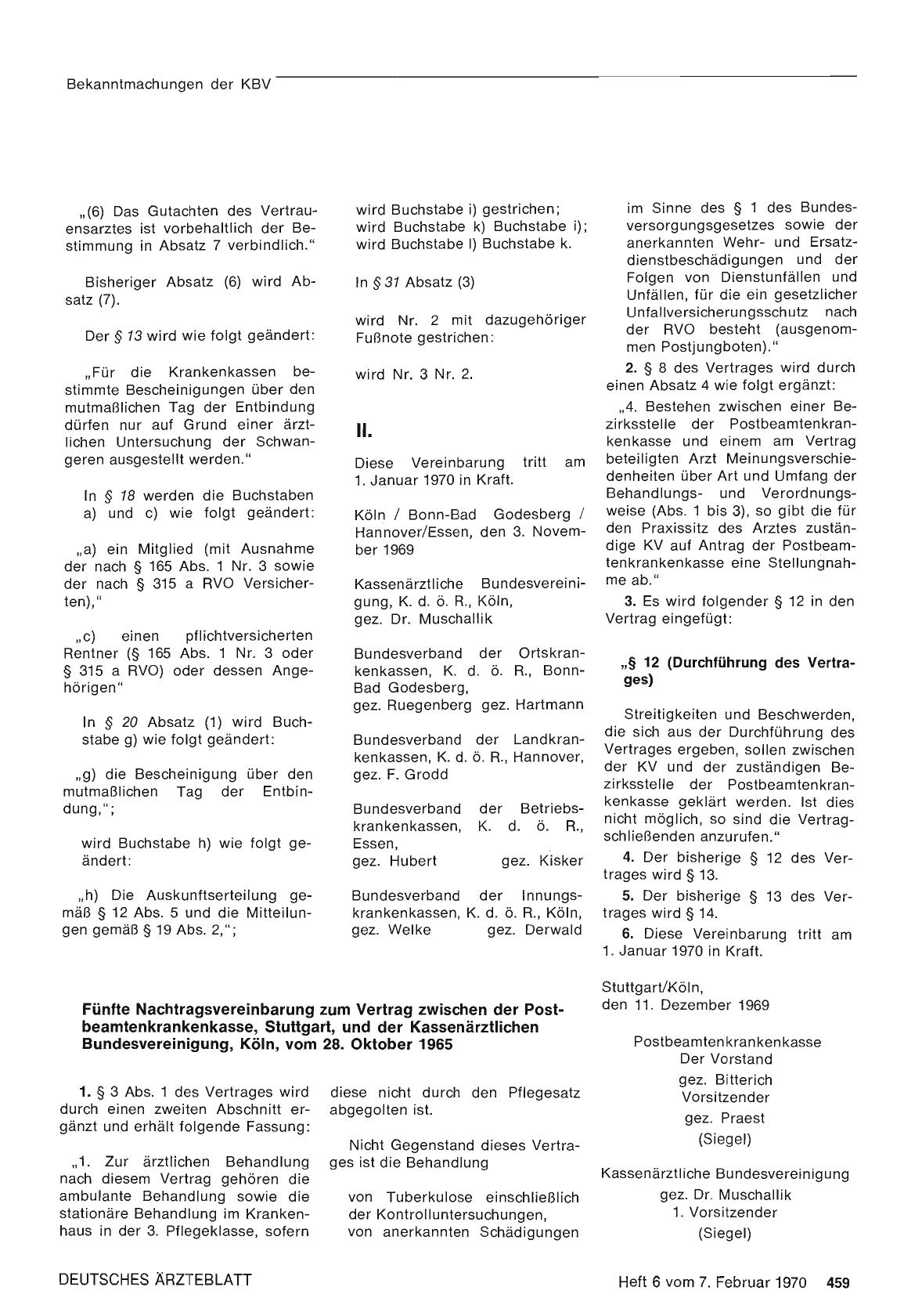 Vorschauseite 1: Fünfte Nachtragsvereinbarung zum Vertrag zwischen der Postbeamtenkrankenkasse, Stuttgart, und der Kassenärztlichen Bundesvereinigung, Köln, vom 28. Oktober 1965