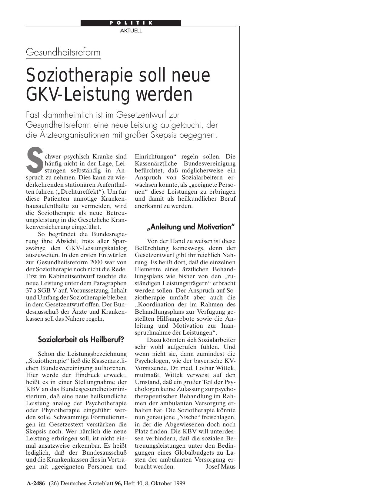Vorschauseite 1: Gesundheitsreform: Soziotherapie soll neue GKV-Leistung werden