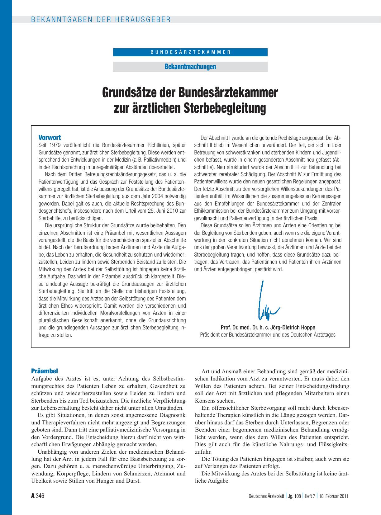 Vorschauseite 1: Grundsätze der Bundesärztekammer zur ärztlichen Sterbebegleitung