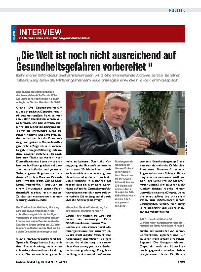 Vorschauseite 1: Das Interview mit Hermann Gröhe (CDU), Bundesgesundheitsminister: „Die Welt ist noch nicht ausreichend auf Gesundheitsgefahren vorbereitet“