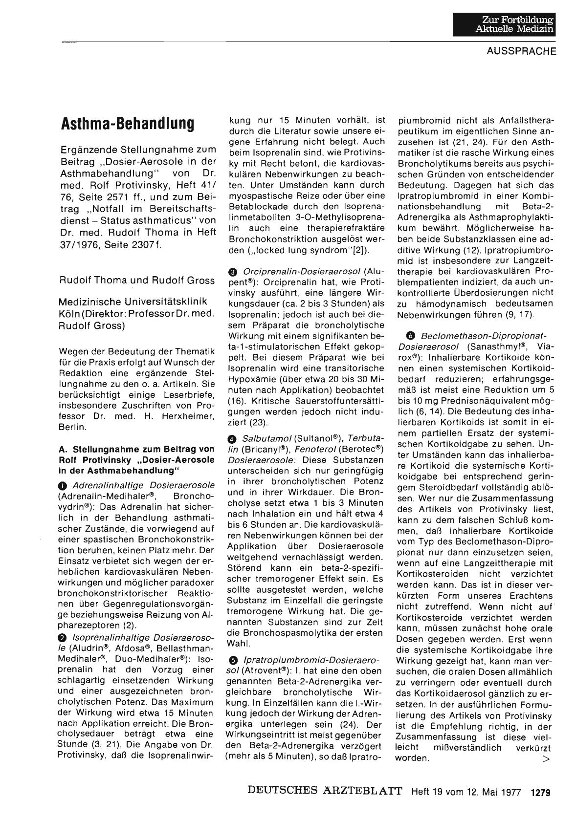 Vorschauseite 1: Asthma-Behandlung: A. Stellungnahme zum Beitrag von Rolf Protivinsky „Dosier-Aerosole in der Asthmabehandlung“