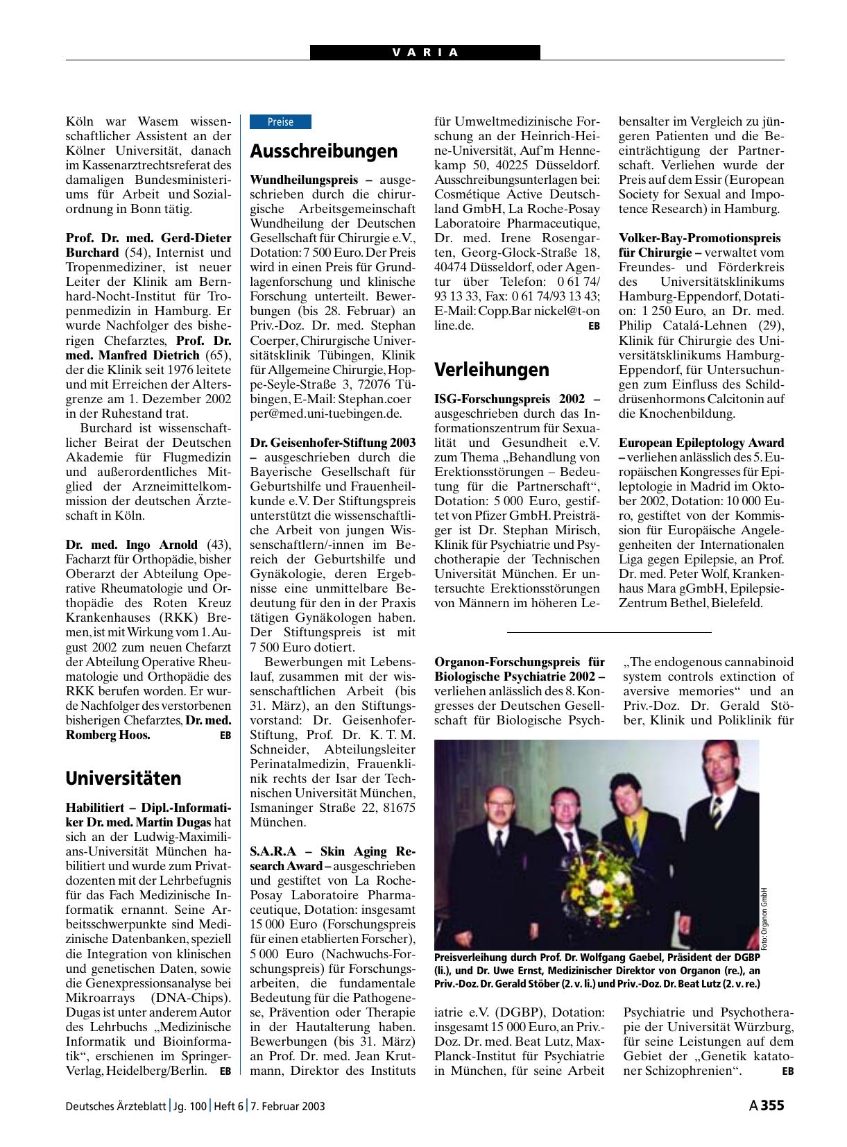 Vorschauseite 1: Organon-Forschungspreis für Biologische Psychiatrie 2002