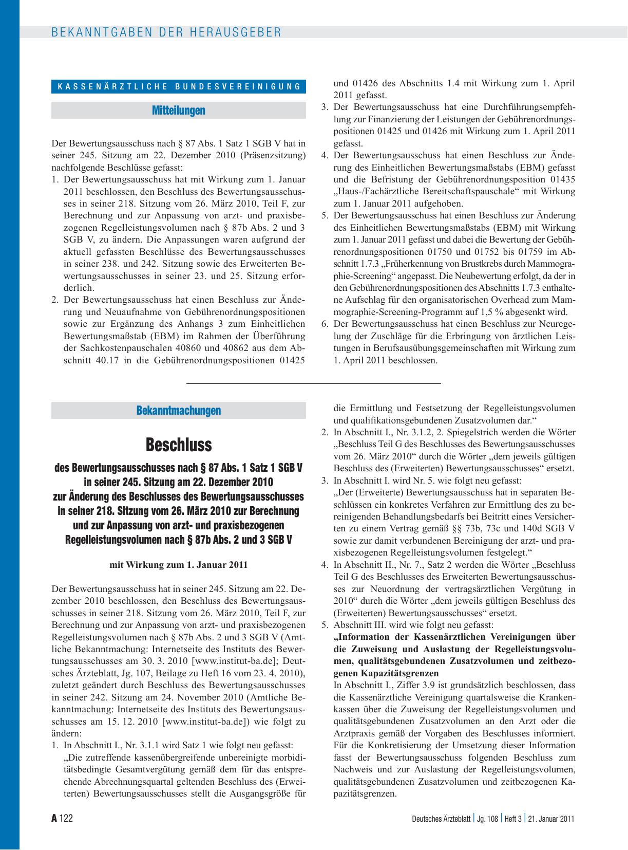 Vorschauseite 1: Der Bewertungsausschuss nach § 87 Abs. 1 Satz 1 SGB V hat in seiner 245. Sitzung am 22. Dezember 2010 (Präsenzsitzung) nachfolgende Beschlüsse gefasst
