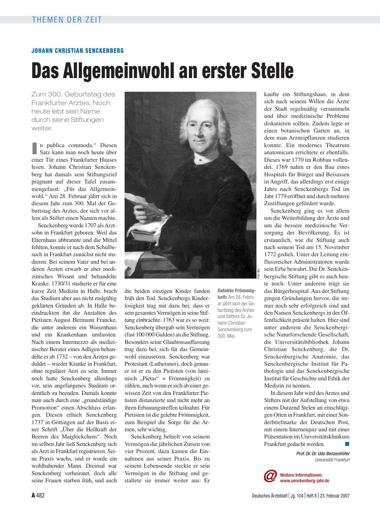 Vorschauseite 1: Johann Christian Senckenberg: Das Allgemeinwohl an erster Stelle