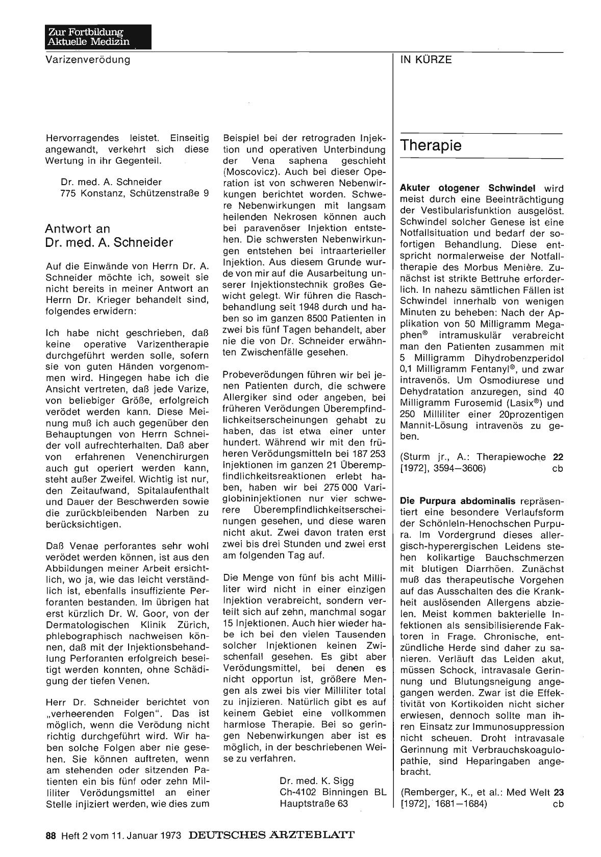 Vorschauseite 1: Varizenverödung am hochgelagerten Bein: Antwort an Dr. med. A. Schneider