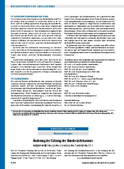 Vorschauseite 1: Änderung der Satzung der Bundesärztekammer bezüglich der §§ 1 Abs. 3, 4 Abs. 1, 1a und 4, 5 Abs. 7 sowie § 9 Abs. 2 S. 1
