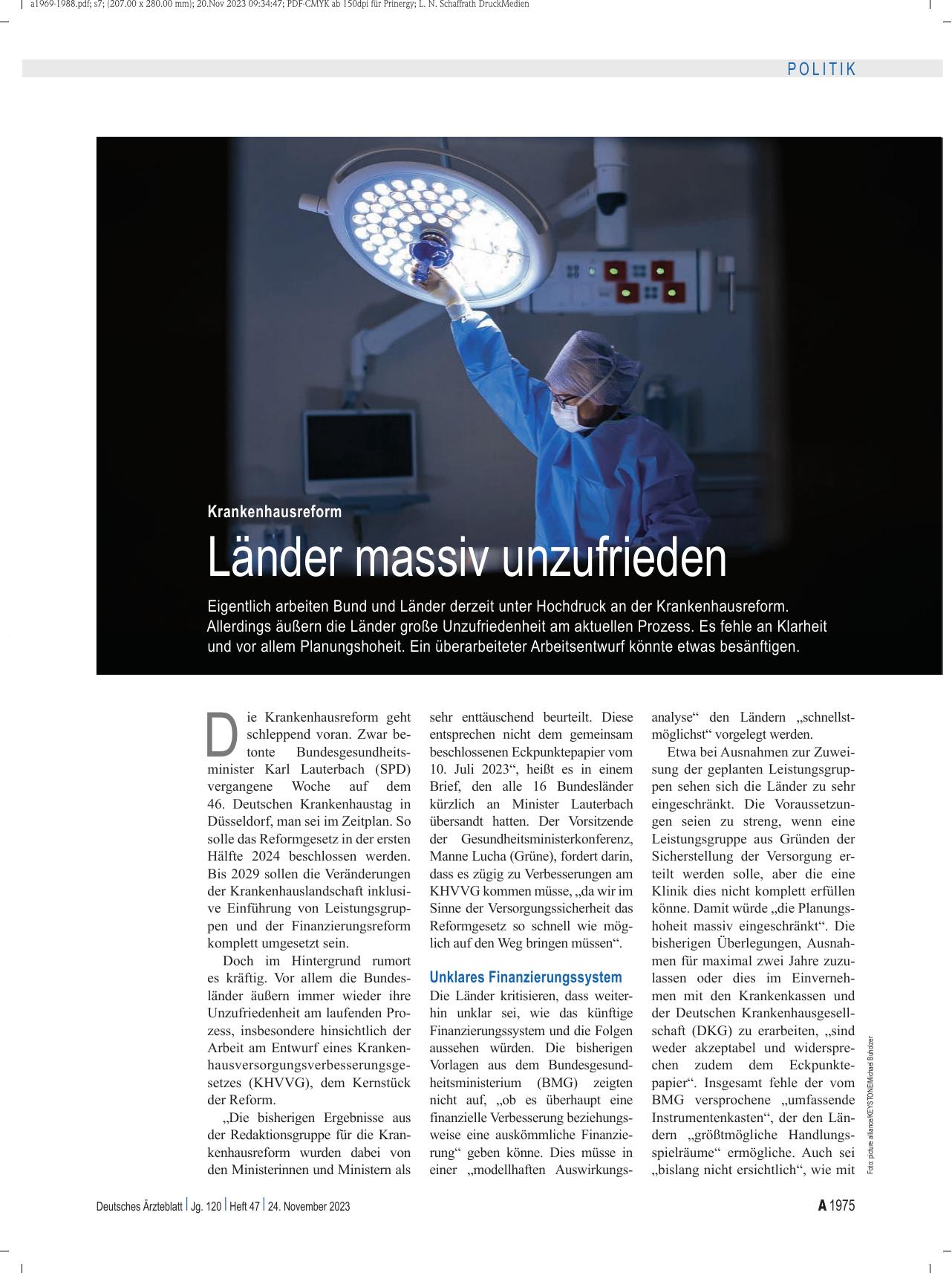 Vorschauseite 1: Krankenhausreform: Länder massiv unzufrieden
