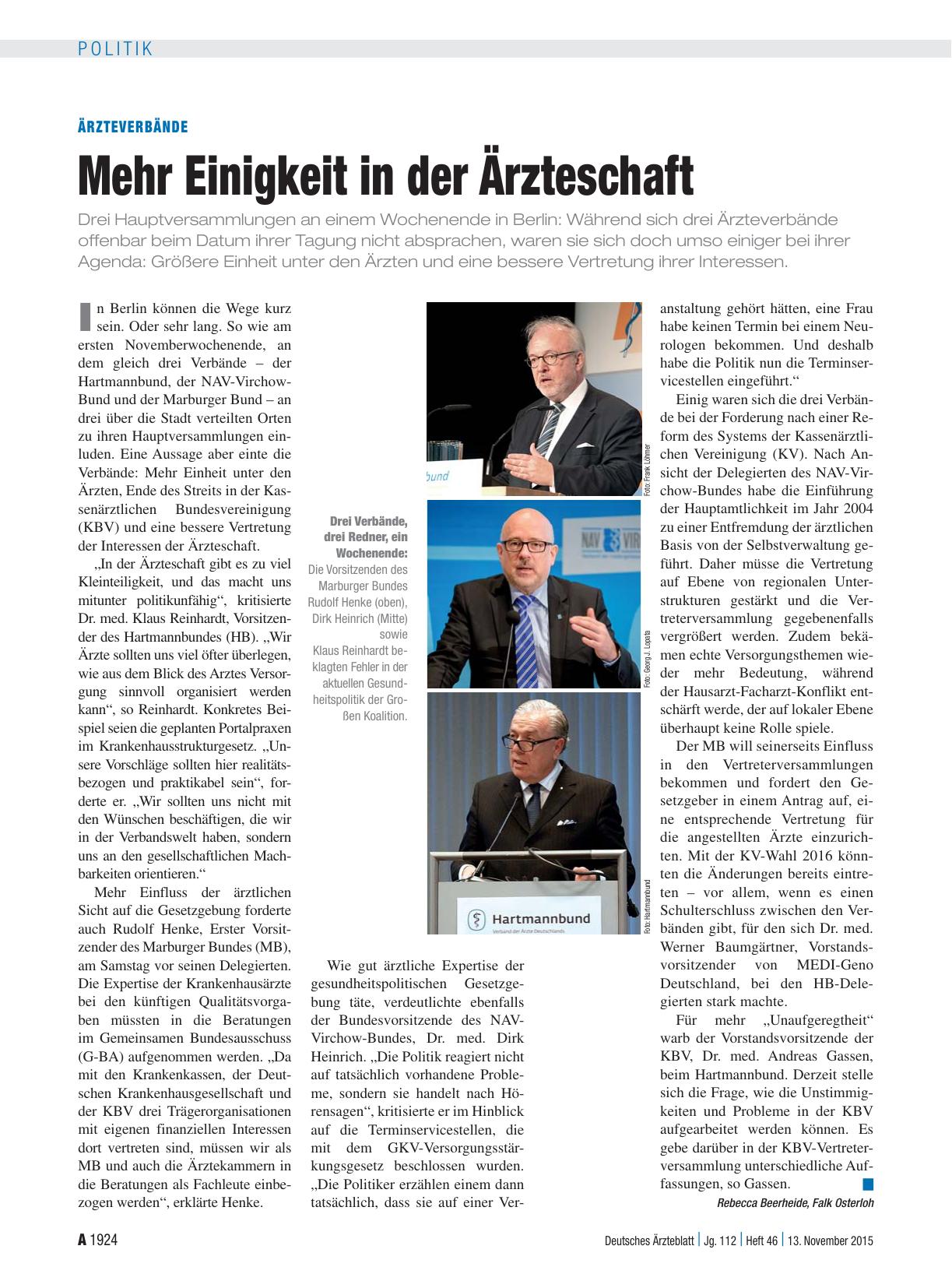 Vorschauseite 1: Ärzteverbände: Mehr Einigkeit in der Ärzteschaft