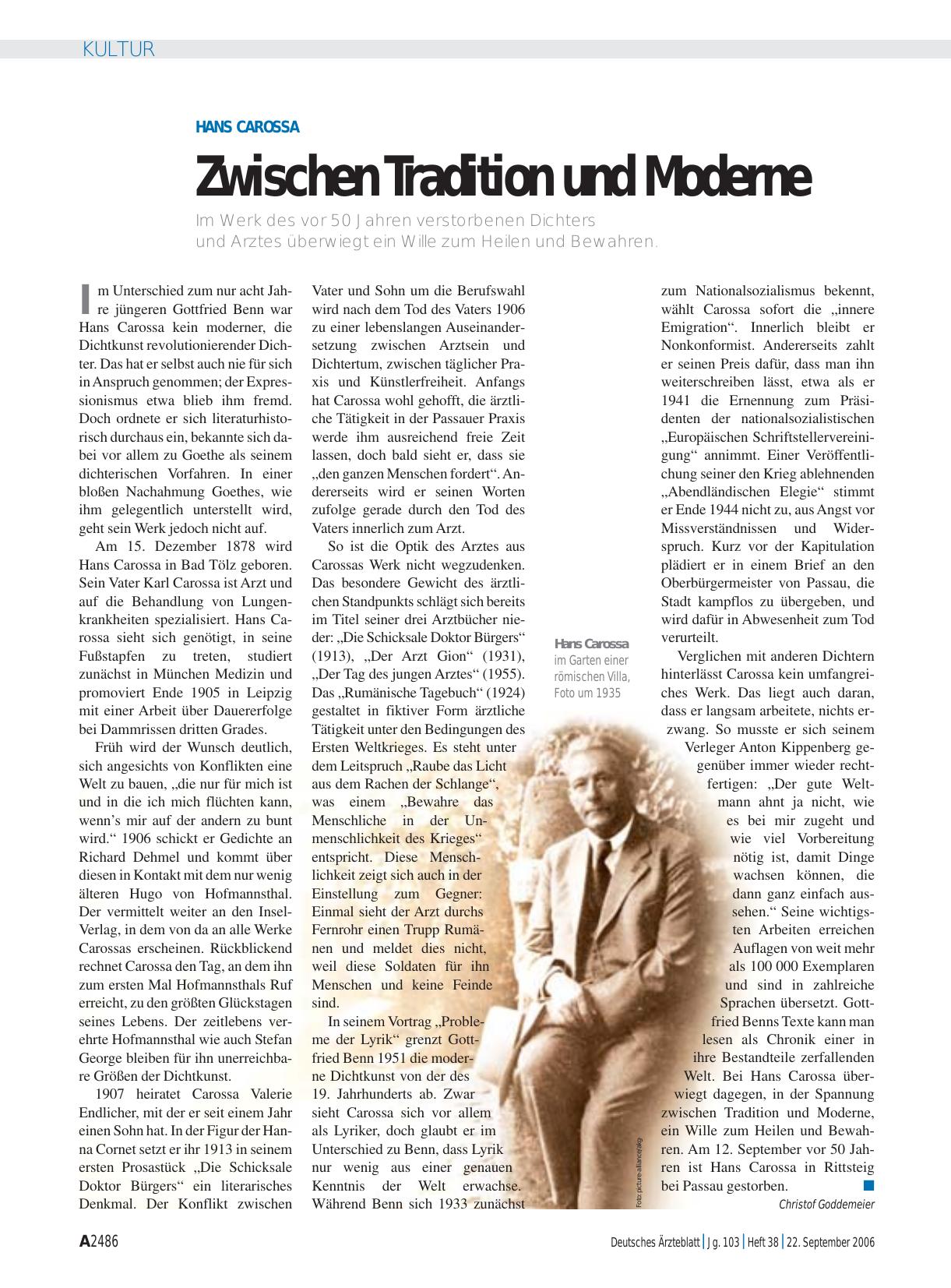 Vorschauseite 1: Hans Carossa: Zwischen Tradition und Moderne