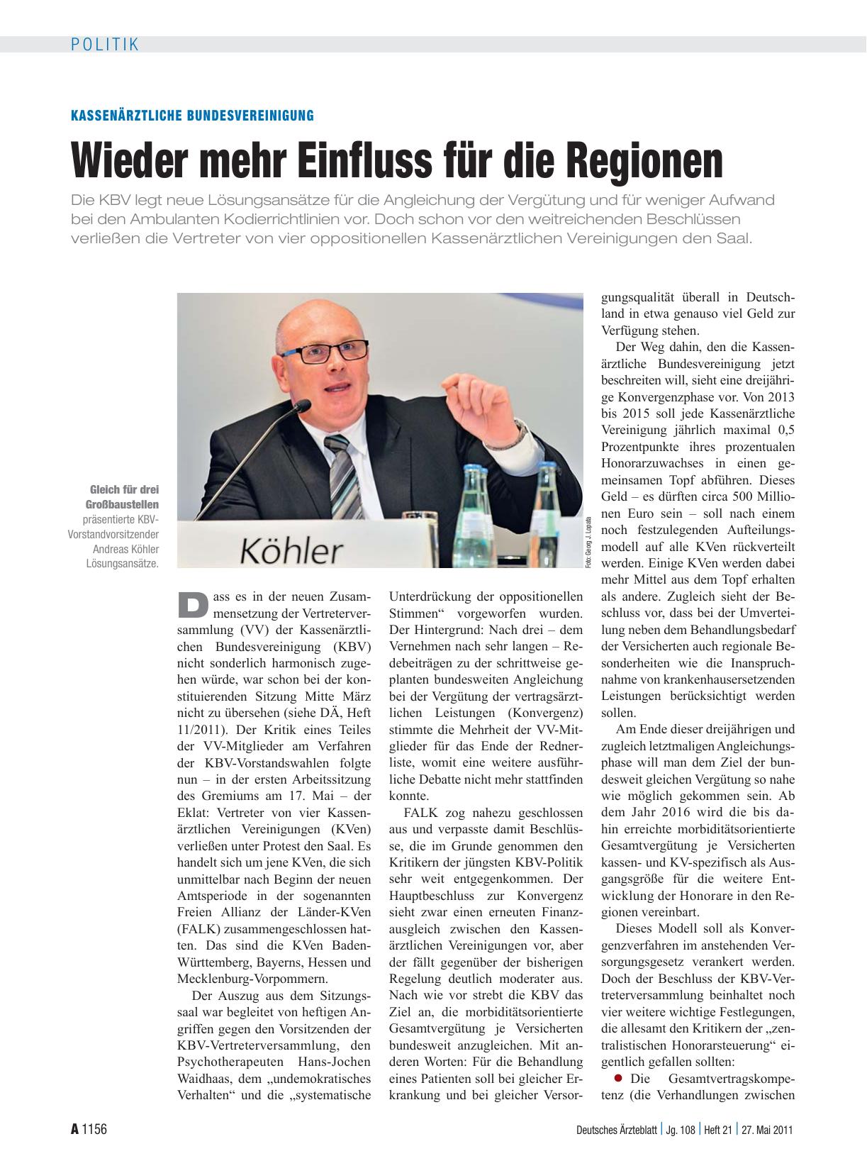 Vorschauseite 1: Kassenärztliche Bundesvereinigung: Wieder mehr Einfluss für die Regionen