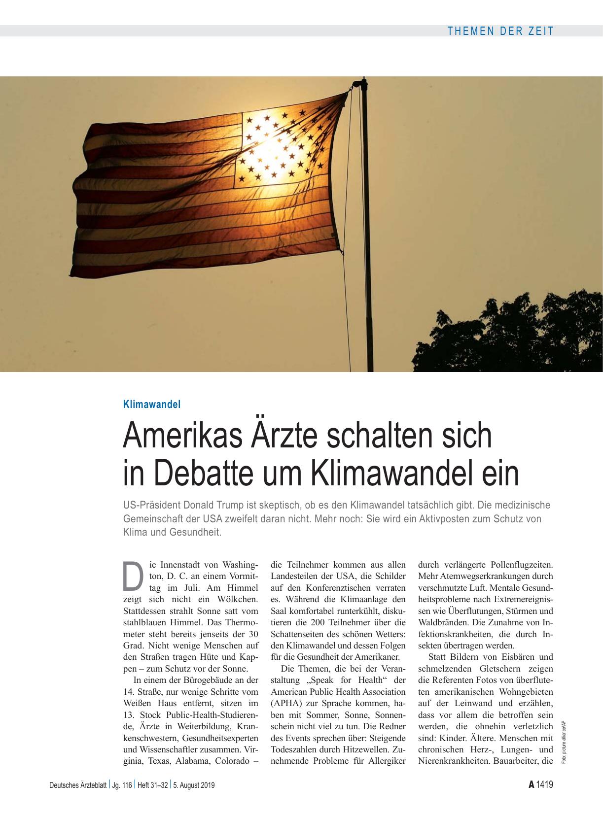 Vorschauseite 1: Klimawandel: Amerikas Ärzte schalten sich in Debatte um Klimawandel ein