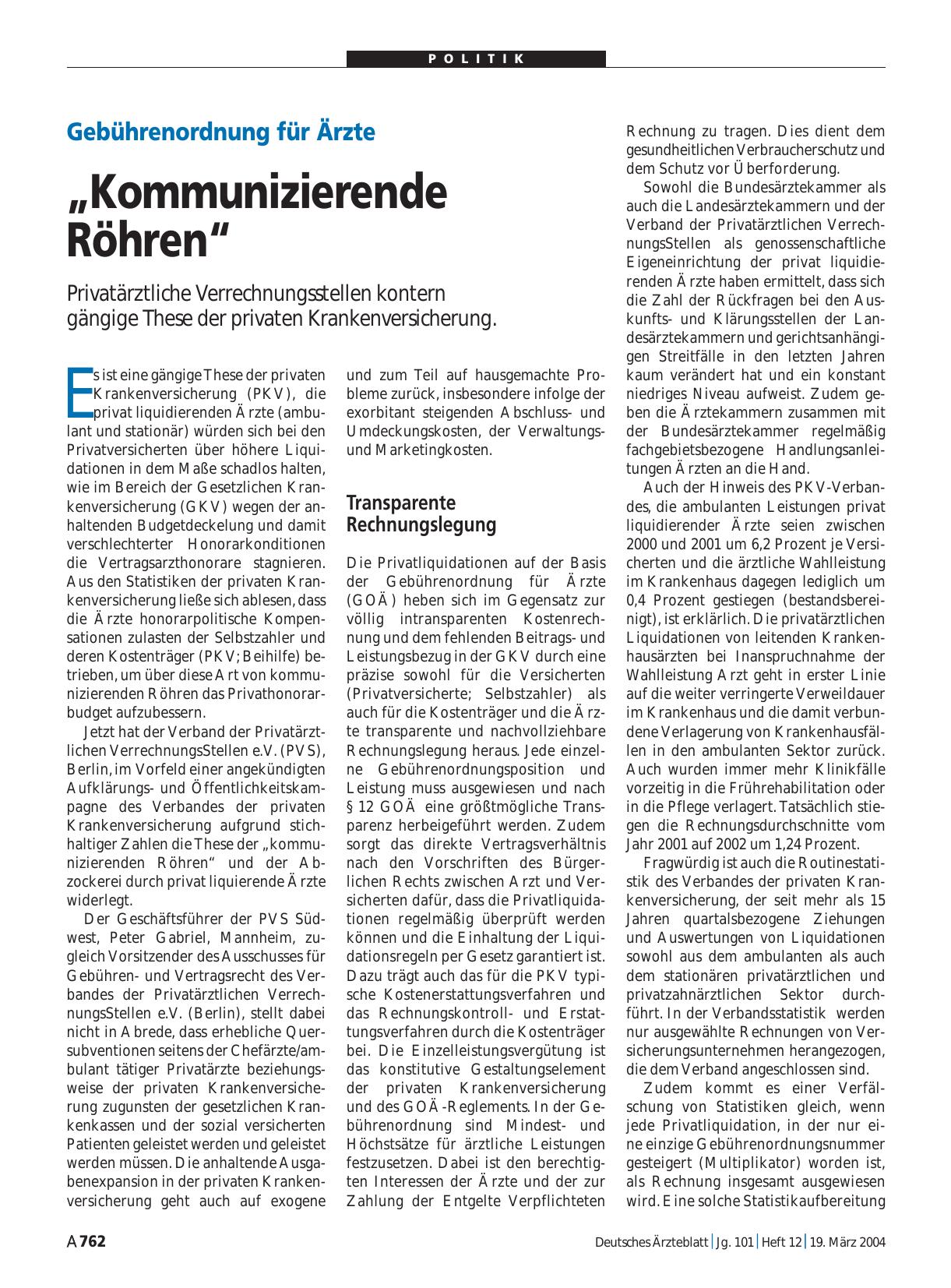 Vorschauseite 1: Gebührenordnung für Ärzte: „Kommunizierende Röhren“