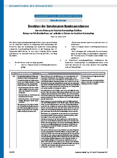 Vorschauseite 1: Beschluss des Gemeinsamen Bundesausschusses über eine Änderung der Häusliche Krankenpflege-Richtlinie: Belange von Palliativpatientinnen und -patienten im Rahmen der häuslichen Kr…