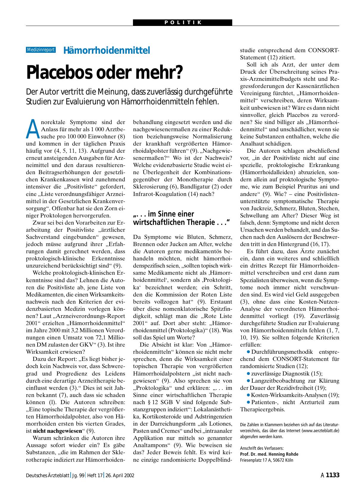 Vorschauseite 1: Hämorrhoidenmittel: Placebos oder mehr?
