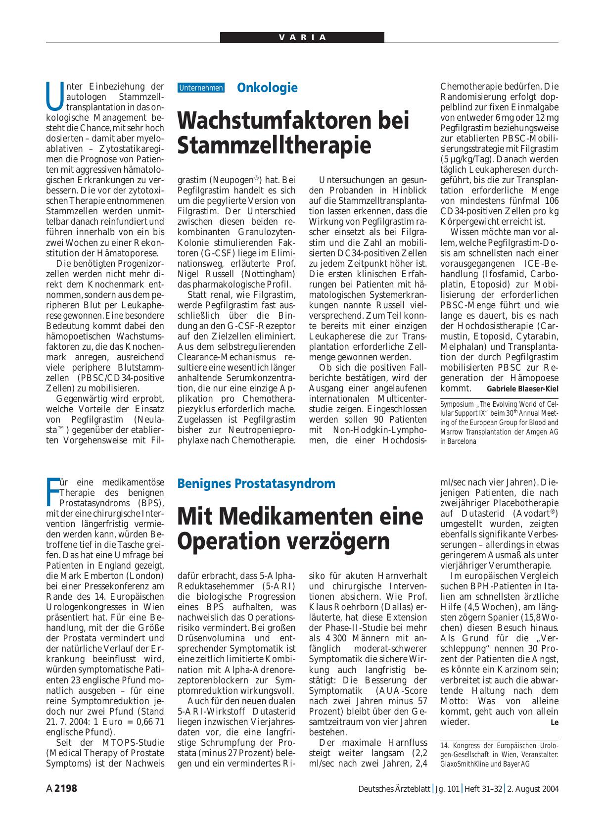 Vorschauseite 1: Onkologie: Wachstumfaktoren bei Stammzelltherapie