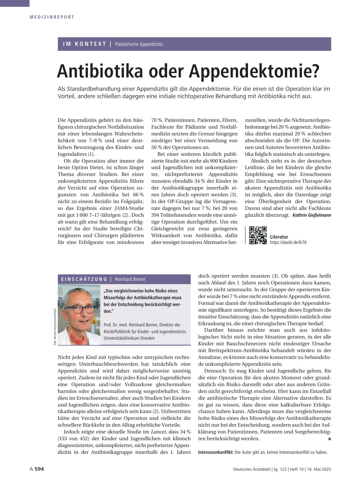Vorschauseite 1: Pädiatrische Appendizitis: Antibiotika oder Appendektomie?