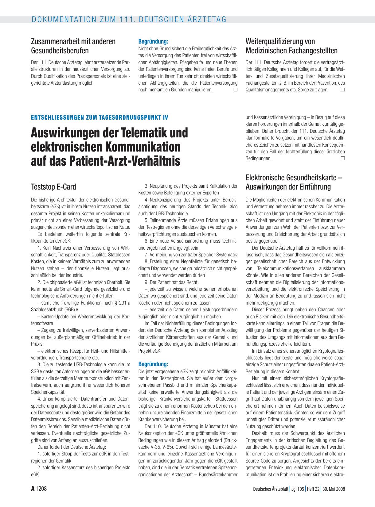 Vorschauseite 1: Entschliessungen zum Tagesordnungspunkt IV: Auswirkungen der Telematik und elektronischen Kommunikation auf das Patient-Arzt-Verhältnis