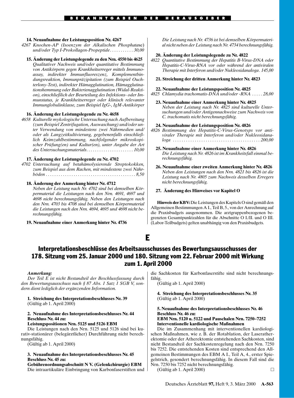 Vorschauseite 1: E Interpretationsbeschlüsse des Arbeitsausschusses des Bewertungsausschusses der 178. Sitzung vom 25. Januar 2000 und 180. Sitzung vom 22. Februar 2000 mit Wirkung zum 1. April 20…