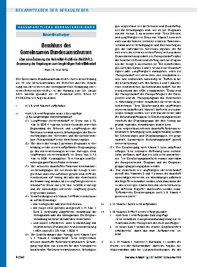 Vorschauseite 1: Beschluss des Gemeinsamen Bundesausschusses über eine Änderung der Heilmittel-Richtlinie (HeilM-RL): Anpassung der Regelungen zum langfristigen Heilmittelbedarf